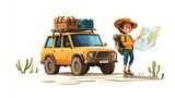 a 2D cartoon illustration of a person on a road trip with a car and a map, adventurous and free, white background--ar 16:9