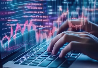 Poster - Hands Typing on Laptop with Stock Market Graphs and Data Visualization in Background, Symbolizing Finance, Investment Analysis, and Digital Trading Environment