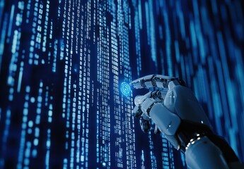 Poster - Futuristic Robot Hand Manipulating Digital Data in a High-Tech Environment with Blue Binary Code Overlays Representing Artificial Intelligence and Technology Concepts