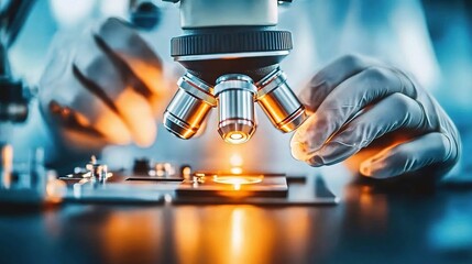 Poster - Scientists Using Precision Techniques to Investigate Samples Under Microscope with Careful Attention in Laboratory Setting