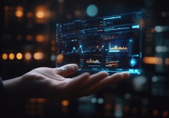 Aufkleber - Futuristic Hand Holding Transparent Digital Interface with Data Graphs and Analytics in a High-Tech Environment, Showcasing Innovations in Technology and User Interaction