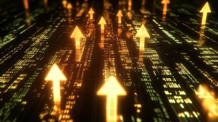 Poster - Abstract digital background with glowing green and golden arrows representing upward movement, technology, statistics, and futuristic concepts in a virtual environment