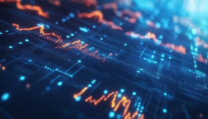 Poster - Abstract Digital Data Visualization with Glowing Blue and Orange Lines, Chart Patterns, and Network Connections in a Technology Background