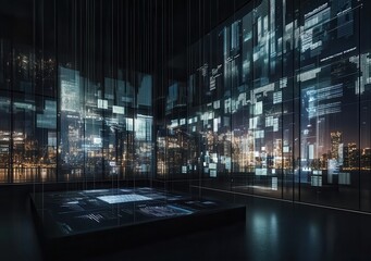 Poster - Futuristic Data Visualization Space with Transparent Screens Displaying Digital Information and a City Skyline in the Background at Night, Showcasing Innovative Technology Concepts