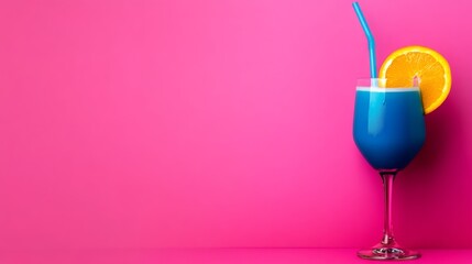 Poster - Blue drink with a straw in it is in a glass on a pink background. The drink is a blueberry smoothie