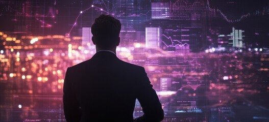 Poster - Business professional analyzing data trends with city skyline in background, exploring digital finance and technology innovations in modern corporate environment