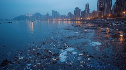 Wall Mural - Polluted coastal waters at dusk, showcasing the stark contrast between a modern cityscape and environmental degradation.