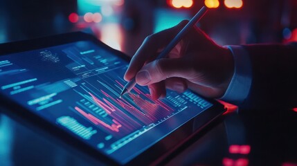 Poster - Close-Up of a Business Professional Analyzing Data Trends on a Digital Tablet with a Stylus, Illuminated by Vibrant Screens in a Modern Office Environment