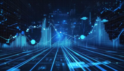 Poster - Dynamic and Futuristic Data Visualization with Abstract Graphs and Line Charts in a Blue Digital Space Environment