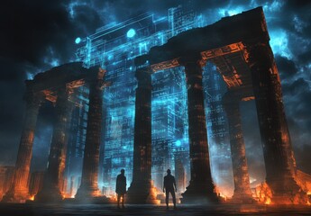 Poster - Futuristic Digital Temple: Merging Ancient Architecture with Modern Technology in a Surreal Night Scene with Glowing Elements and Bold Silhouettes
