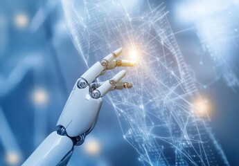 Poster - Futuristic Robot Hand Interacting with Holographic Interface, Symbolizing Advanced Technology, Artificial Intelligence, and Digital Innovation in a Modern World