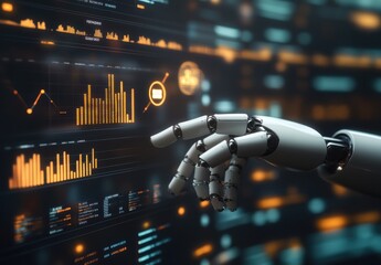 Poster - Futuristic Robotic Hand Interacting with Data Visualizations on a Digital Screen, Symbolizing Innovation in Technology and Artificial Intelligence Development