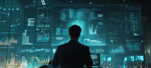 Aufkleber - Professional in Suit Analyzing Data Visualizations on Digital Screens in Modern Office Environment with Blue Light and High-Tech Interface
