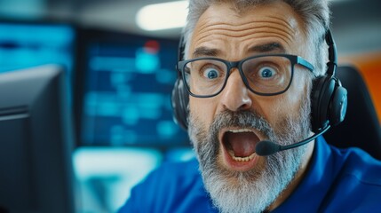 Poster - Man wearing a headset and glasses is looking surprised. He is wearing a blue shirt. Concept of surprise and excitement