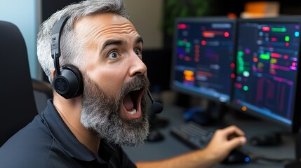 Poster - Man wearing a headset and looking surprised at a computer monitor. Concept of excitement or surprise, as the man's facial expression