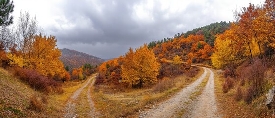 Wall Mural - Autumnal landscape with a dirt road forking through vibrant foliage.