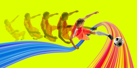 Wall Mural - Soccer player in orange uniform kicks ball, leaving vivid trail of motion lines against vibrant yellow background, symbolizing speed and agility. Concept of sport in motion, development of movement.