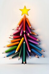 Poster - Christmas tree made out of pencils. The tree is colorful and has a star on top
