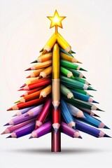 Poster - Christmas tree made out of pencils. The tree is colorful and has a star on top