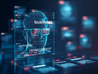 Aufkleber - A futuristic digital interface depicting a person with glasses, emphasizing themes of business, technology, and development.