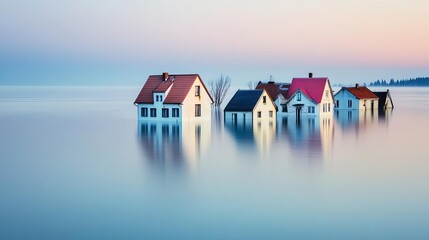 Wall Mural - A ghostly submerged town, rooftops just visible, bathed in the soft light of sunrise