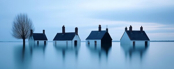 Wall Mural - A town lost underwater, with only chimneys and treetops breaking the surface