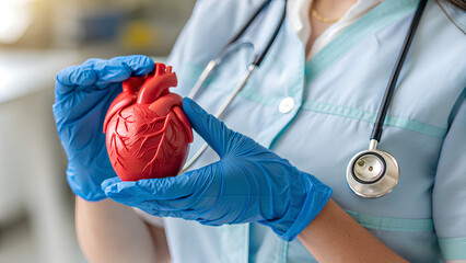 Wall Mural - Close up - Hands of female Doctor holding rubber heart