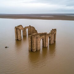 Wall Mural - Submerged ruins in a flooded plain, their outlines barely visible through muddy water