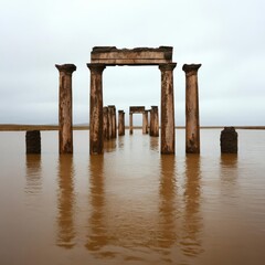 Wall Mural - Submerged ruins in a flooded plain, their outlines barely visible through muddy water