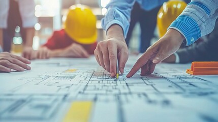 Poster - Collaboration Among Engineers and Architects Reviewing Building Plans and Blueprints in an Office Setting with Safety Helmets