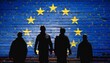 © Poetra RH - Silhouette of illegal immigrants over the European Union flag on bricks wall. Europe union migration policy refugees migrate to Europe union