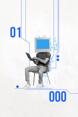 Aufkleber - Composite trend artwork sketch image photo collage of Internet hacker young man headless sit job computer monitor hand hold laptop display