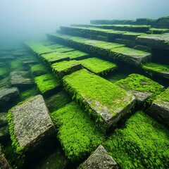 Wall Mural - Submerged ruins overtaken by aquatic moss and algae, blending history with nature