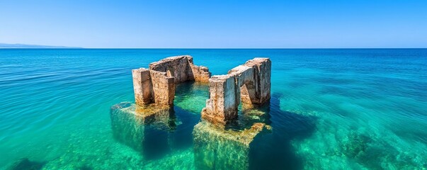 Wall Mural - Submerged ruins visible through clear blue water, like a snapshot of history frozen in time