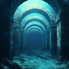 Wall Mural - Submerged ruins with underwater caves, filled with marine life and mystery