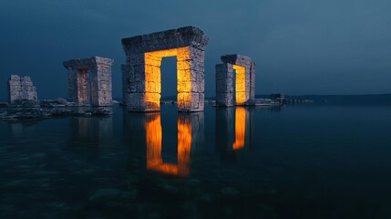 Wall Mural - Sunken ruins illuminated by moonlight, reflecting off the still water