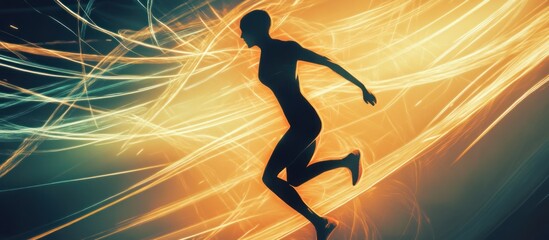 Wall Mural - Silhouette of a person leaping forward through glowing, abstract lines.