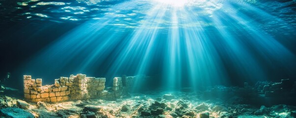 Wall Mural - The underwater ruins of a town, illuminated by sunlight filtering through the water