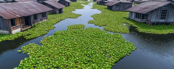 Vibrant aquatic plants growing among submerged homes, a peaceful reclamation by nature