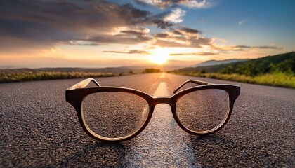 Wall Mural - A pair of eyeglasses sits on an open road at sunset, symbolizing new beginnings and clear vision.