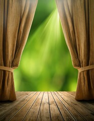 Canvas Print - Stage curtains open to reveal a sunlit, green background. Wooden stage.