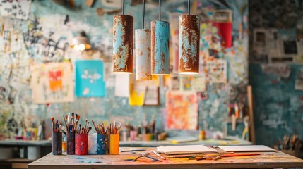 Poster - Close-up of rusted tube lights suspended above a desk brimming with creative tools like paintbrushes, scissors, and rolls of colorful paper