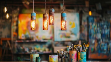 Poster - Close-up of rusted tube lights suspended above a desk brimming with creative tools like paintbrushes, scissors, and rolls of colorful paper