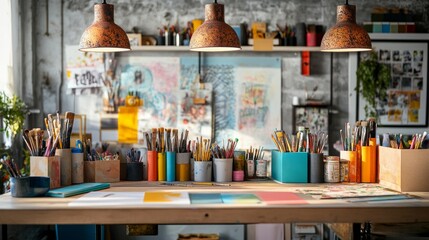 Poster - Close-up of rusted tube lights suspended above a desk brimming with creative tools like paintbrushes, scissors, and rolls of colorful paper