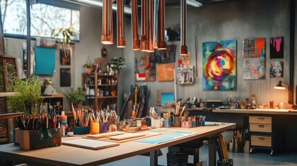 Poster - Industrial-themed lighting with rusted tubes suspended over a creative desk, surrounded by brushes, scissors, and colorful materials