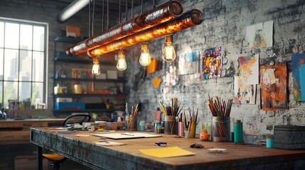 Poster - Industrial-themed lighting with rusted tubes suspended over a creative desk, surrounded by brushes, scissors, and colorful materials