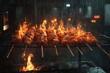 Poster - Grilled chicken skewers sizzling over flames in a rain-soaked night market.