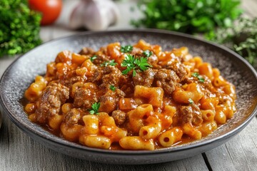 Sticker - A delicious bowl of pasta with meat sauce garnished with fresh parsley, served on a rustic gray plate.