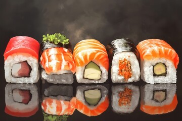 Canvas Print - An array of colorful sushi rolls displayed on a reflective surface, showcasing various types including salmon and tuna.