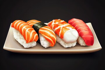 Canvas Print - A delicious platter of sushi featuring vibrant salmon, tuna, and shrimp nigiri on a sleek plate.